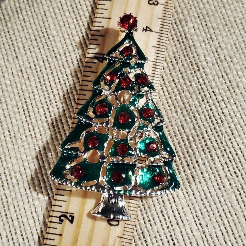 Y2K 90s VintageRed Rhinestone Christmas Tree Enamel Christmas Sweater Pin Brooch